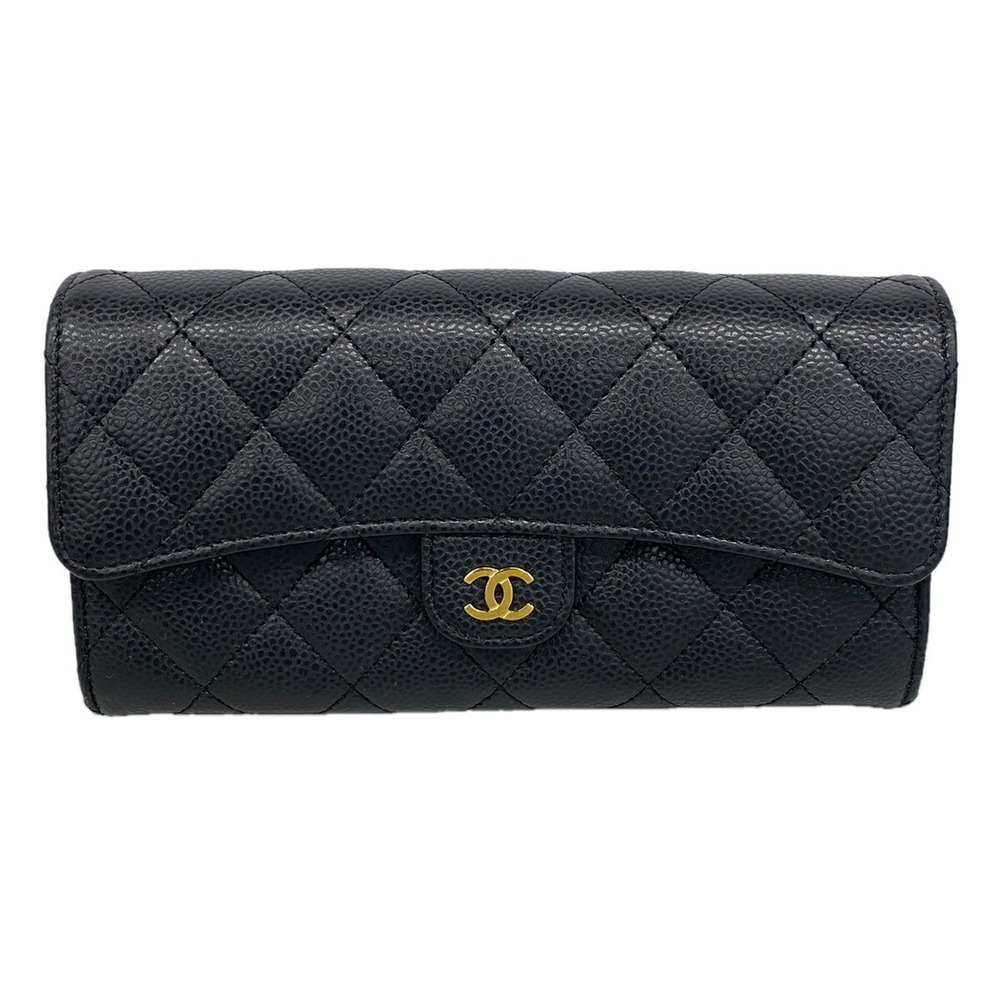Chanel long wallet, Matelassé caviar leather, black, women's.